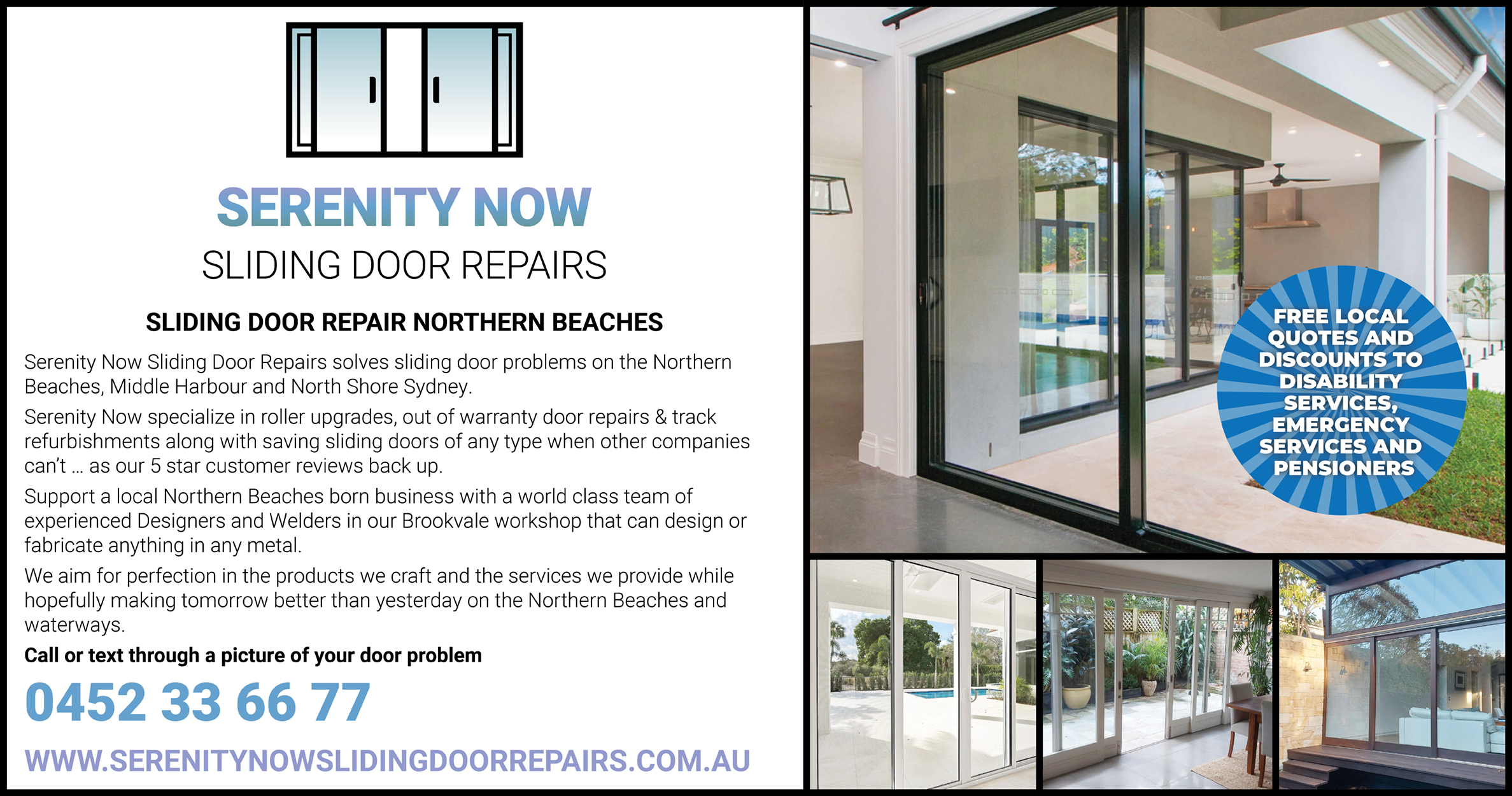 Advertisement for Serenity Now Sliding Door Repairs